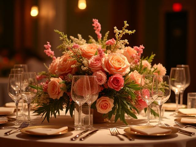 Elegant blomsterarrangement på et festpyntet bord for et bryllup eller arrangement